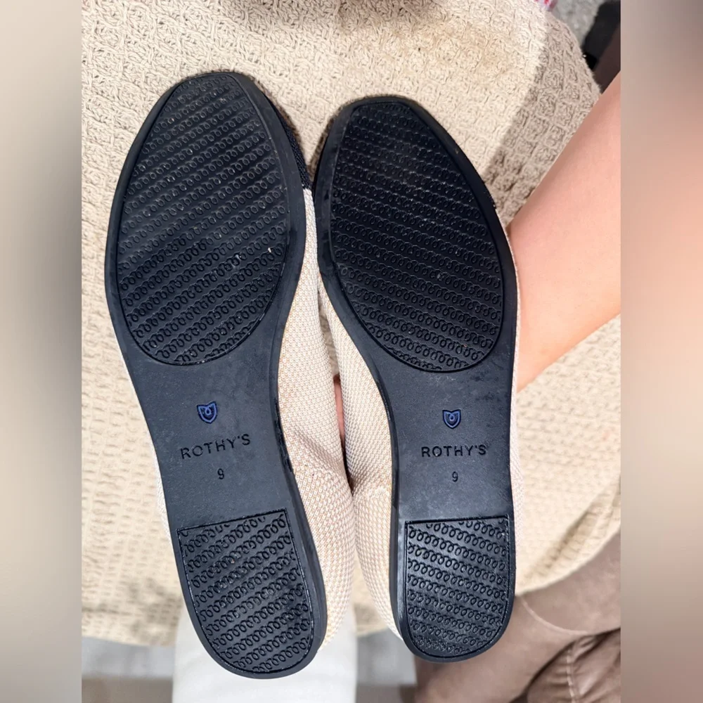 Rothy's Beige and Black Flats with Blue Trim